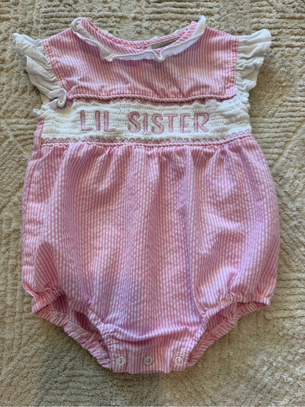 Lil Cactus Baby Girl Pink Seersucker “Lil Sister” Bubble Romper 12-18M